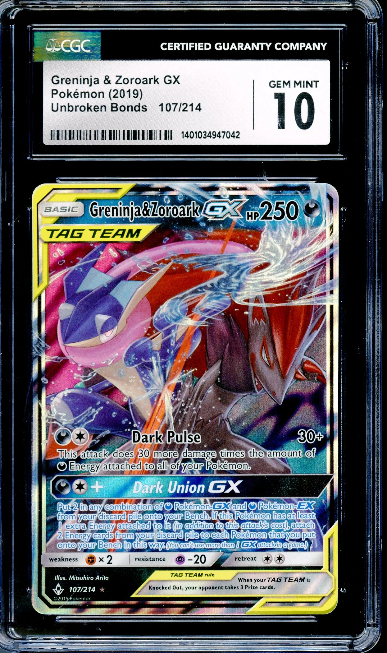 CGC 10 Greninja & Zoroark GX (107/214) [Unbroken Bonds]