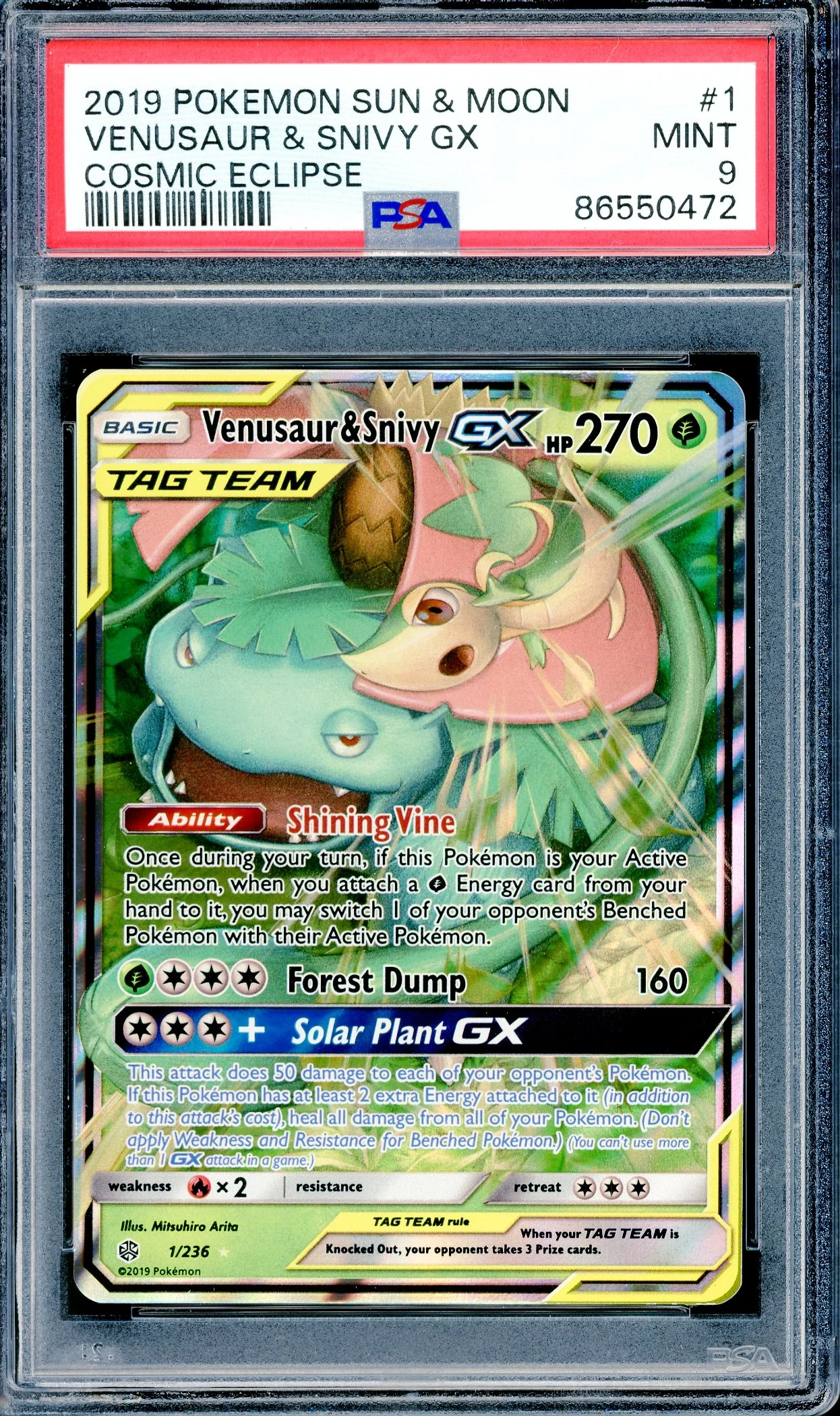PSA 9 Venusaur & Snivy GX (1/236) [Cosmic Eclipse]